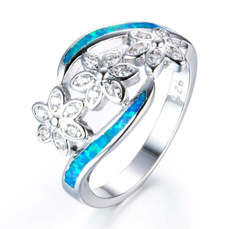 

Fashion Women Elegant Jewelry 3 Color Available Silver Plating Petal Rose Flower Ring Blue Opal Flower Ring