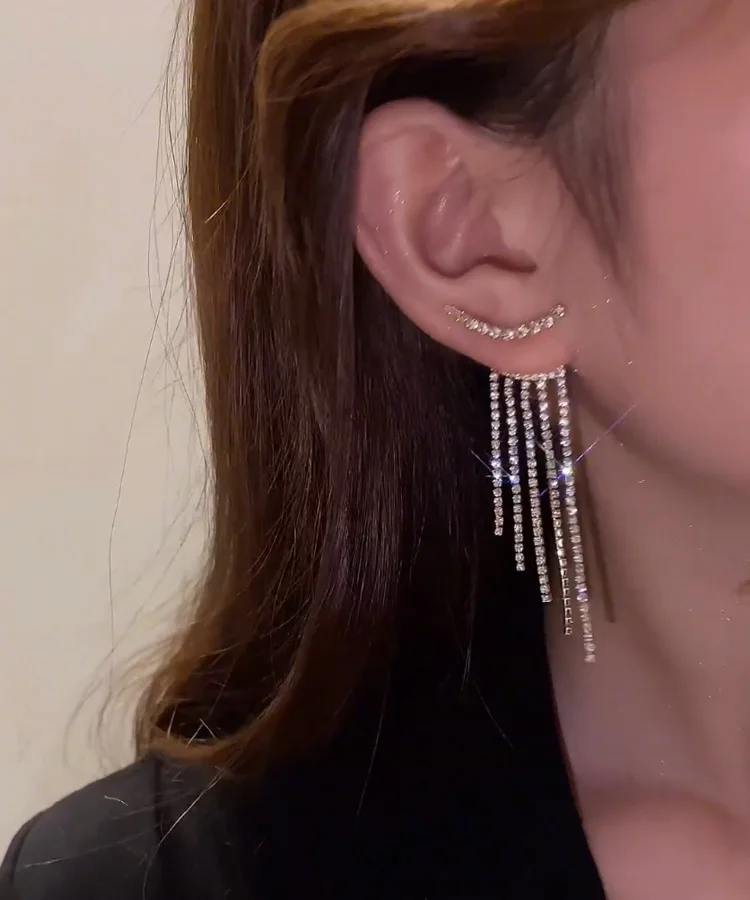 

Vershal A703 925 Silver Needle Luxury Sparkly Rhinestone Diamond Long Tassel Earrings Jewelry