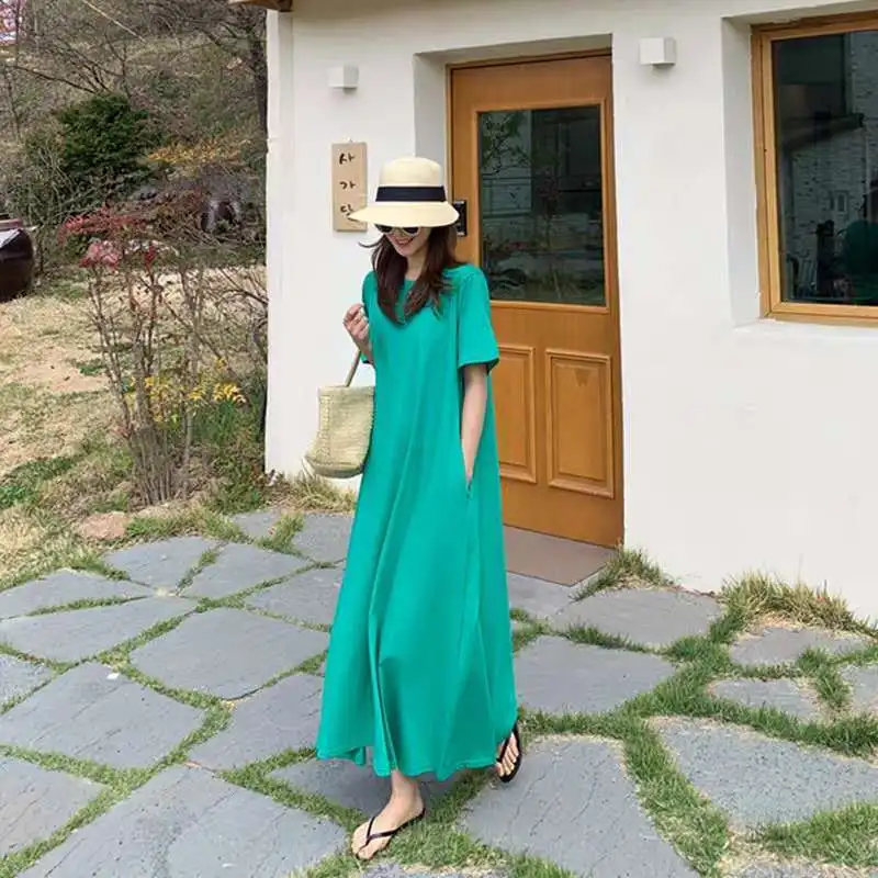 

2021 summer new arrivals Korean-Style Loose Short-Sleeved Green Knitted Dress fashion casual loose women's dress