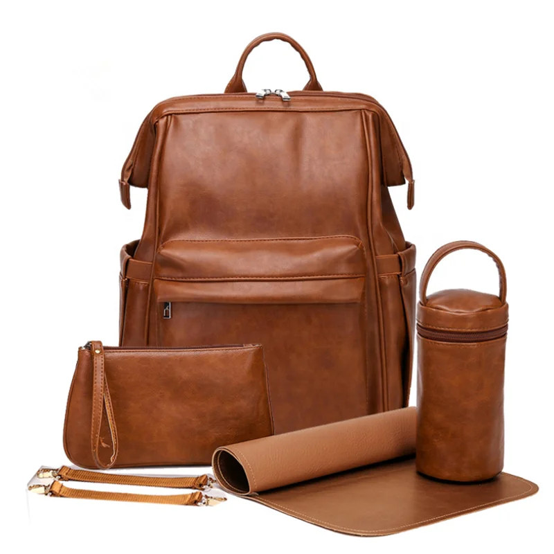 

Waterproof Baby Vegan Leather Diaper Backpack Bag Set+Changing Pad+Stroller Straps+Insulation bag+Cosmetic bag