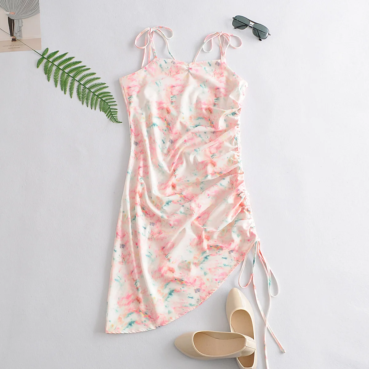 

Spaghetti strap tie dye slim fit side lace up dress women casual summer clothing