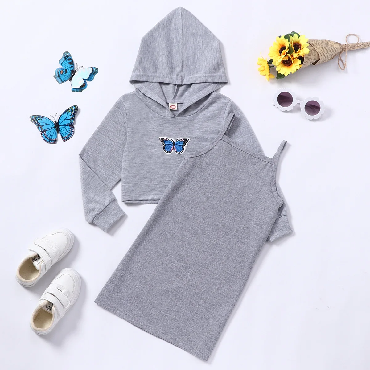 

yiwu ruidian children's leisure two-piece gray 0-6T Kids Baby Girls Sets Sportswear long sleeve hooded butterfly halter skirt, Picture