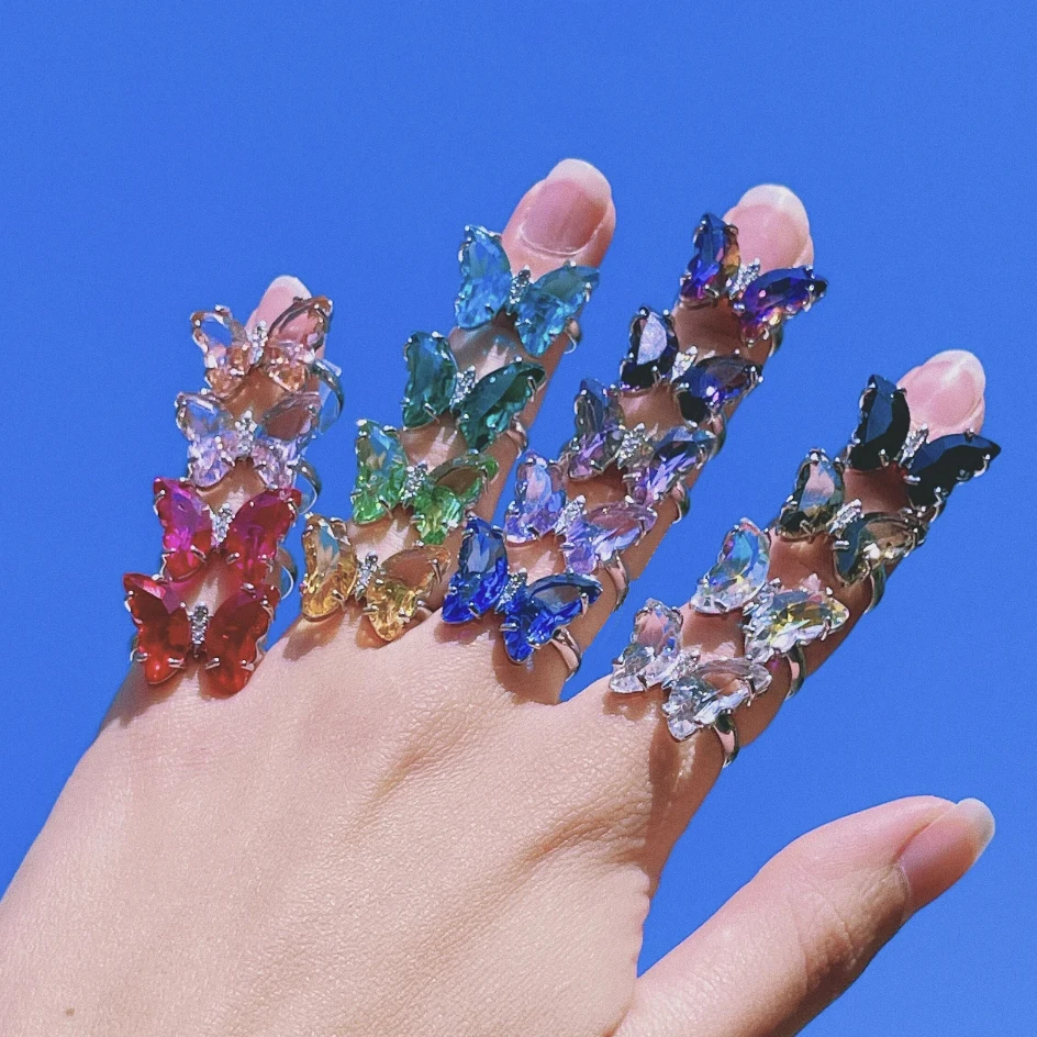 

Fashion gold plated change color colorful glass stone crystal butterfly finger ring