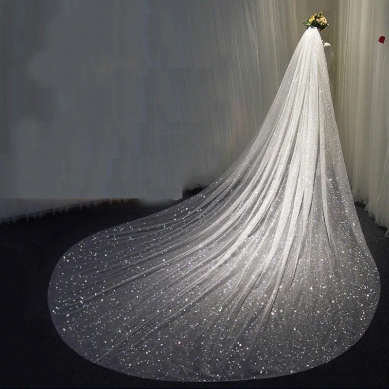

2022 Fashion Tulle Applique Long wedding veil shinning bridal veils Lace Cathedral Wedding Veil