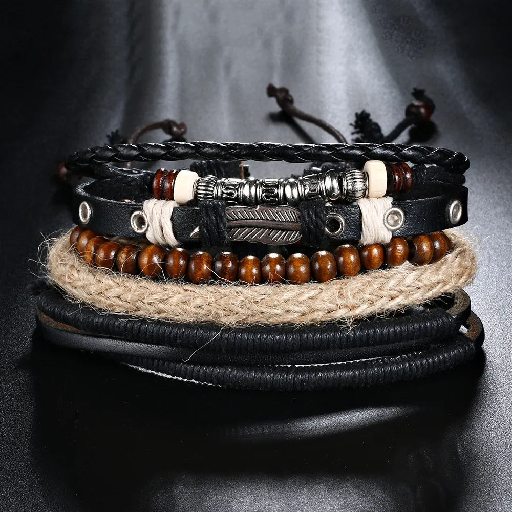 

Wish Amazon Vintage Multilayer Men's Beaded Woven Leather Bracelet Adjustable Wholesale