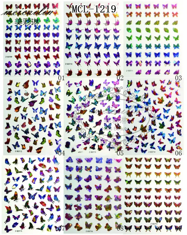 

Hot sales 18 nail designs Laser Butterfly holographi adhesive butterfly nail stickers 3d nail decals marimekko Artificial Finger, Colorful