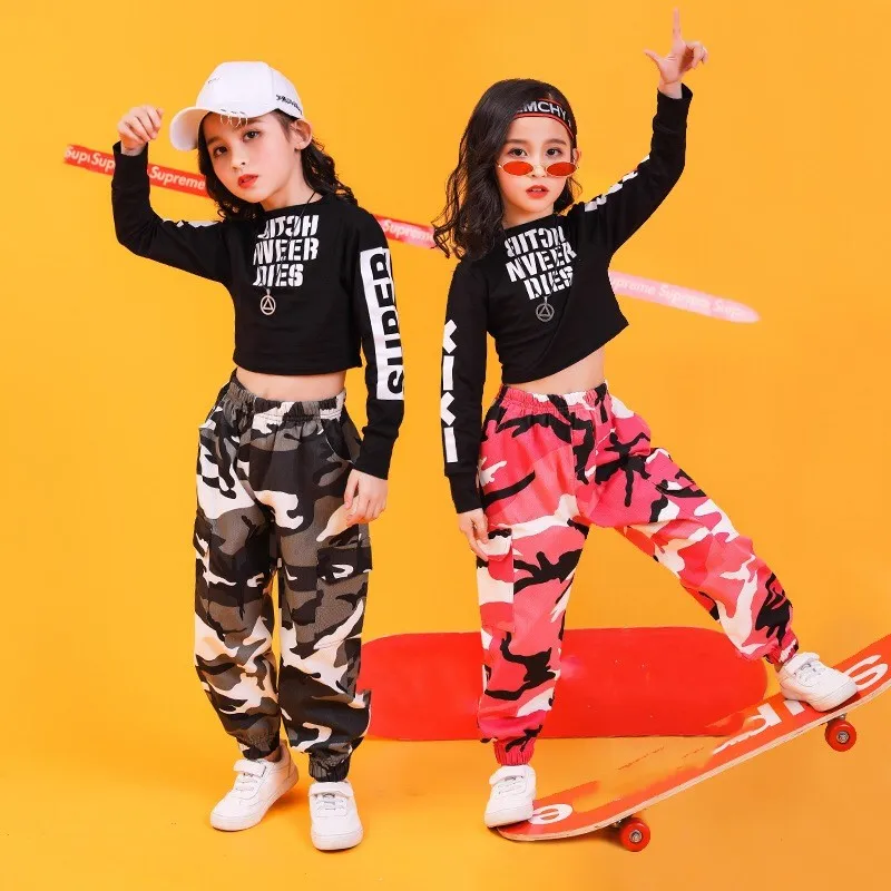 

hip hop style street jazz dance costume letter top and camouflage pants teenage toddler girls' clothing sets, Picture