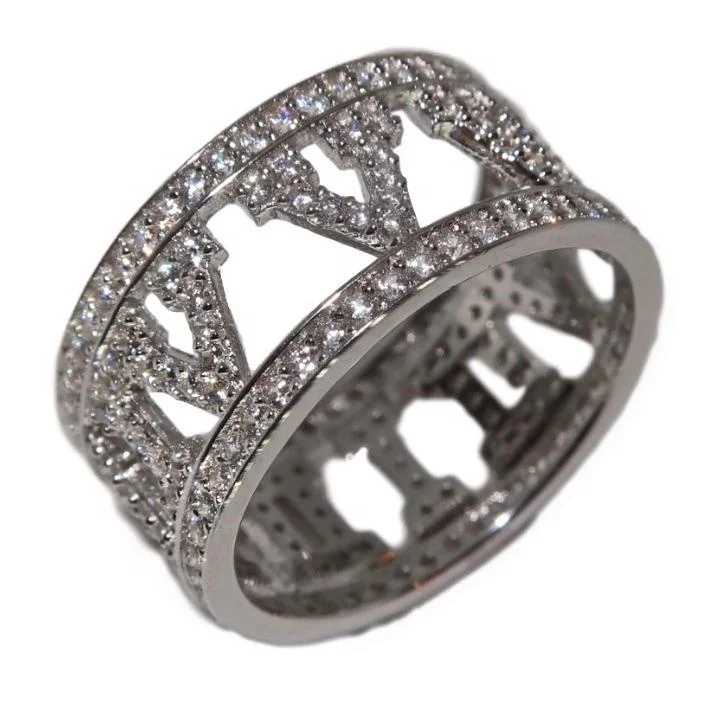 micro pave cz silver plated roman numerals engagement ring