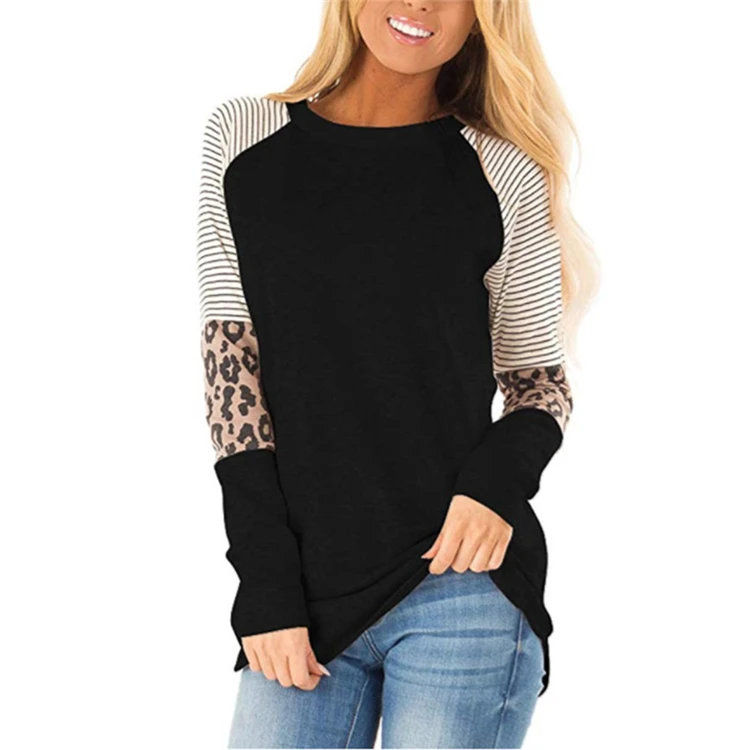 

Women's Leopard Print Color Block Tunic Round Neck Long Sleeve Shirts Striped Causal Blouses Tops t shirt, Customized color/as show