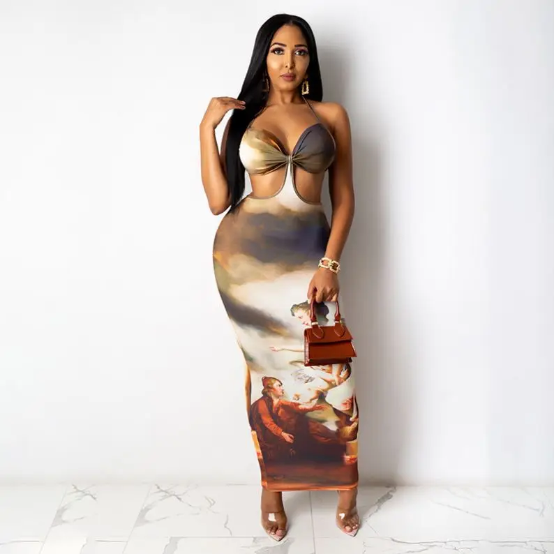 

X02283C Vintage Print Maxi Dress Women Sexy Bra Halter Backless Bodycon Vestido Hot Female Body-shaping Streetwear Autumn Trend, Black