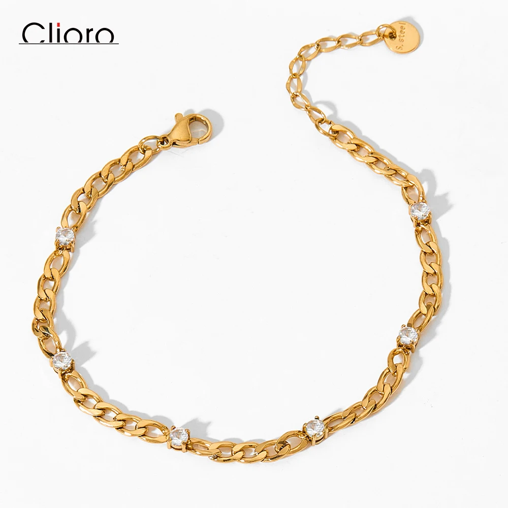 

14k Gold Plated Stainless Steel Jewelry Waterproof Charm Cuban Chain Cubic Zirconia Bracelet For Women