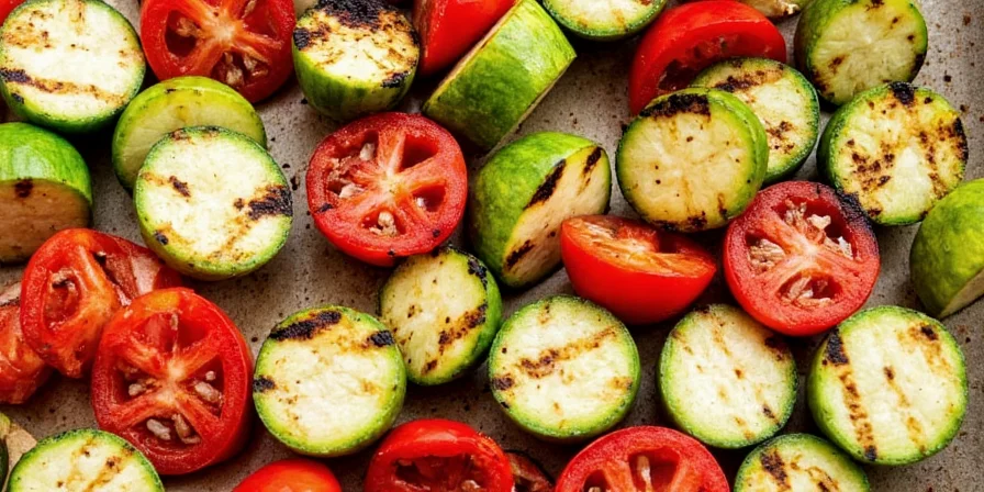 Beautifully plated grilled vegetable platter with colorful garnish