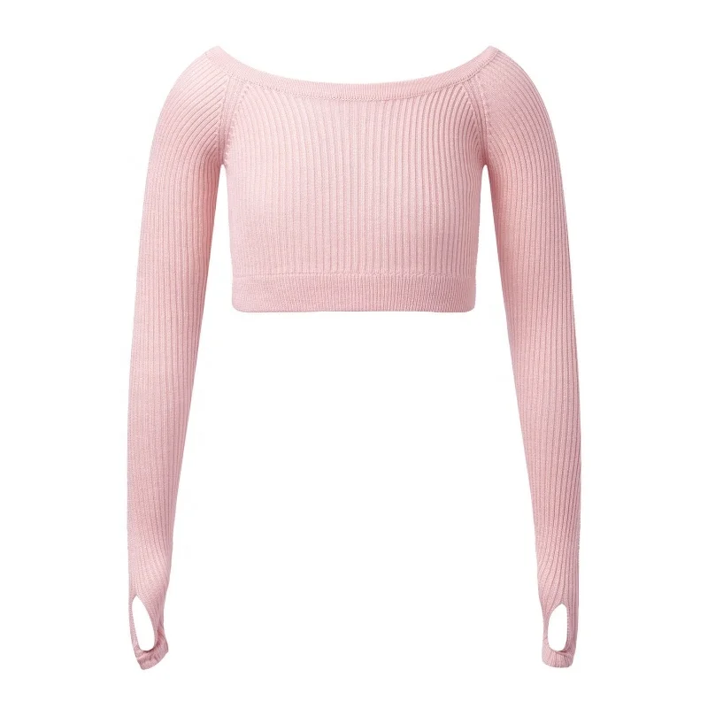 

Kids Girls Solid Color Round Neck Long Sleeve Stretchy Knitted Crochet Top Ballet Dance Sweater