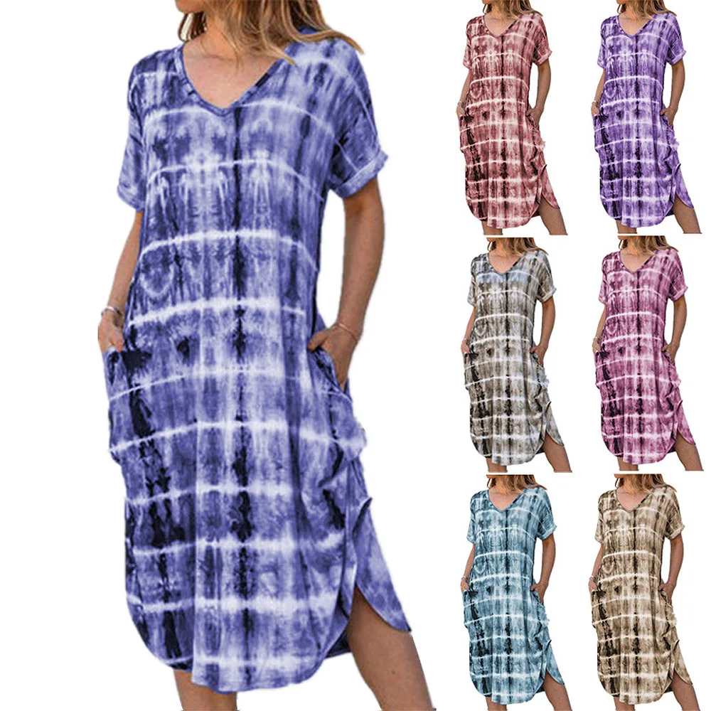 

Hot sale women 2020 summer casual fashion Tie Dyed printed V neck short sleeves summer dresses