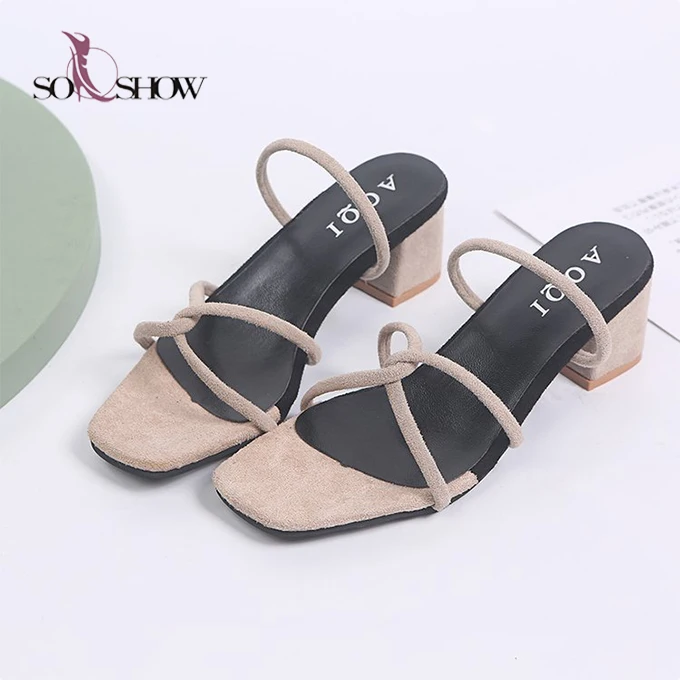 

2020 summer fashion slippers for women thick high heel microfiber sandals