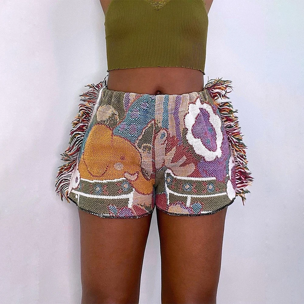 

New Style Casual Color Printing Tassel Short Pants for Women Fashion Fringed Women's Mid Waist Trousers, 4 colors