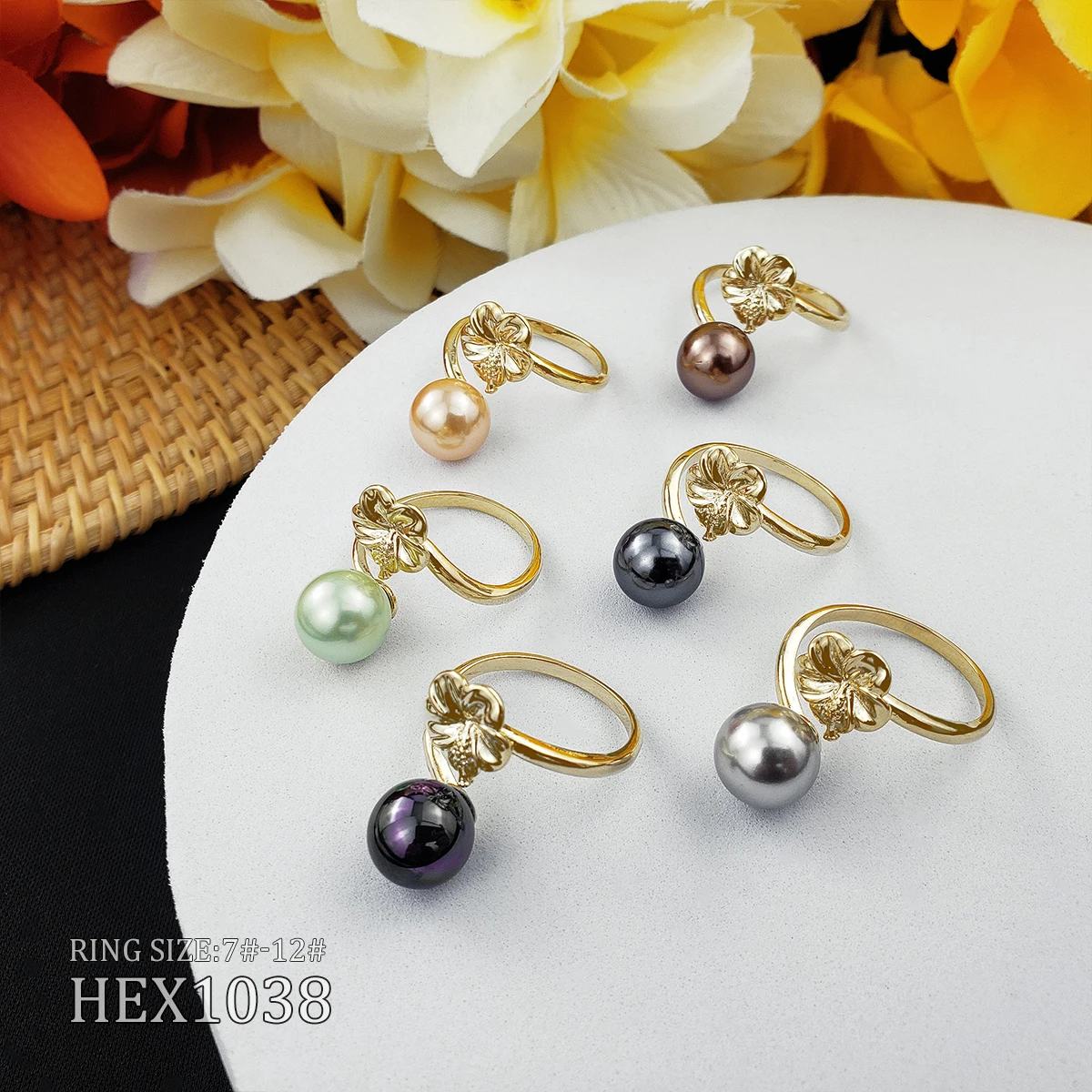 

Hibiscus flower ring adjustable flexible hawaiian pearl rings jewelry 14k gold plated for women factory wholesale