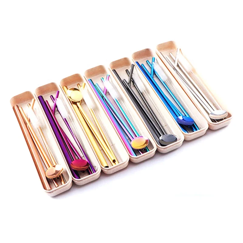 

6 Pieces Metal Reusable Drinking Straws Stainless Steel Wheat Straw Spoon Travel Cutlery Set With Brush, Silver,gold,rose gold,blue,colorful