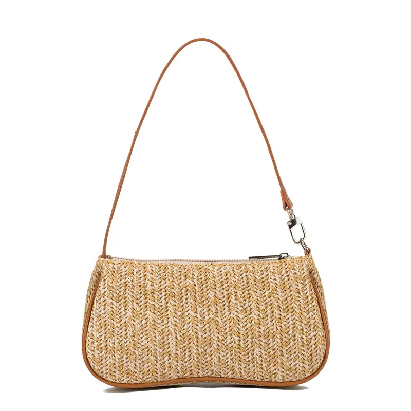 

Wholesale fashion summer handmade straw beach bag women weave shoulder bags crochet straw purse with leather handle