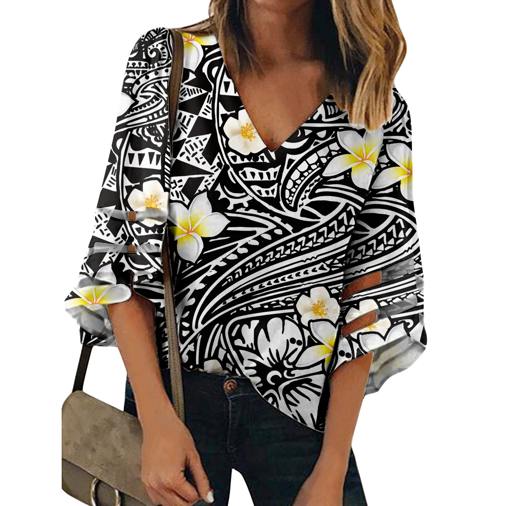 

Sexy Casual Women Clothes American Samoa Polynesian Hibiscus Pattern Casual V Neck 3/4 Sleeve Chiffon Blouses Loose Tunic Tops, Customized color