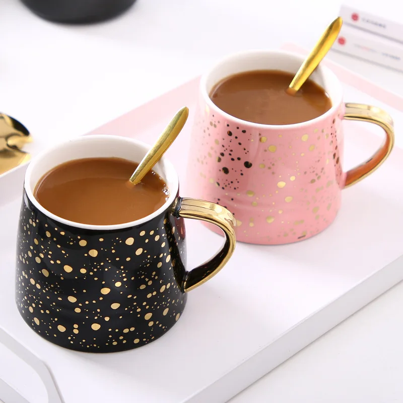 

2020 New Sparkling Glitter Porcelain Ceramic Coffee Mugs With Golden Handle Lid Gift Box, Black