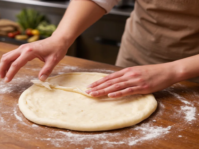 Kneading pizza dough on wooden countertop