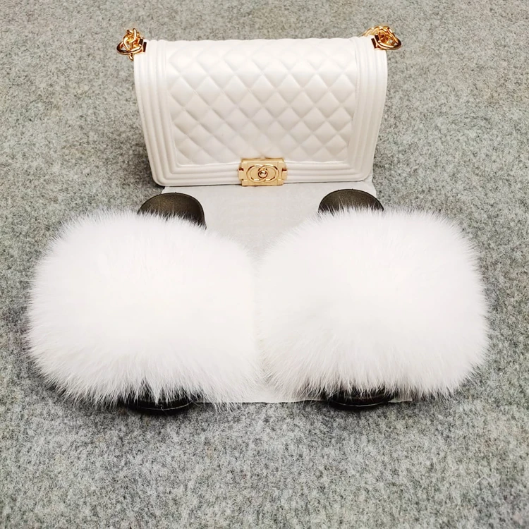 

Women Wholesale Fox Fur Footwear Real Best Quality Slide Sandal Custom Handbag Slippers And Purse, Customized color