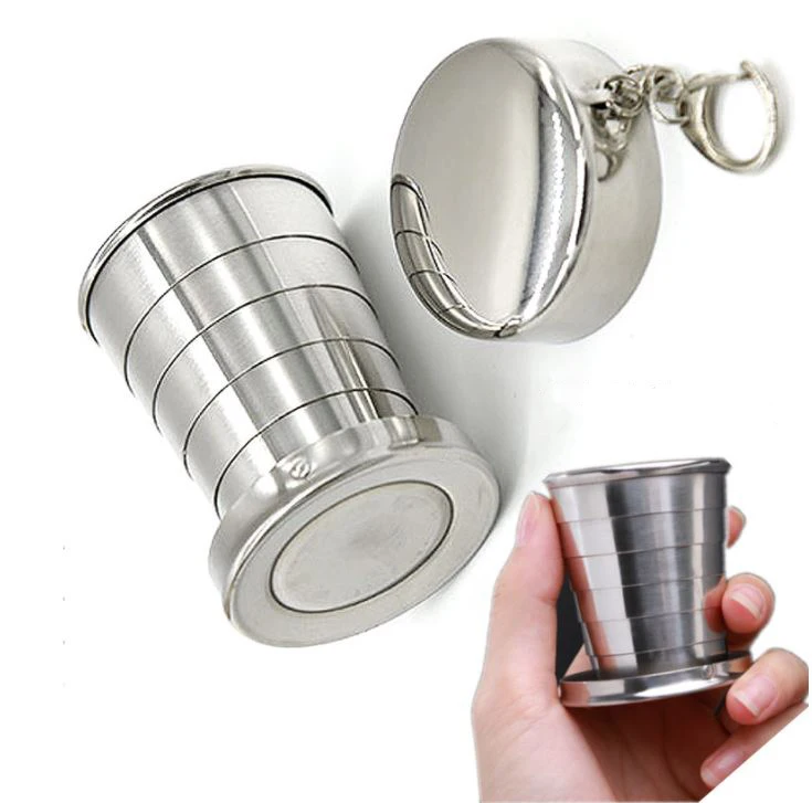 

Free Sample Camping Trip Portable Stainless Telescopic Steel Folding Cup With Key Chain