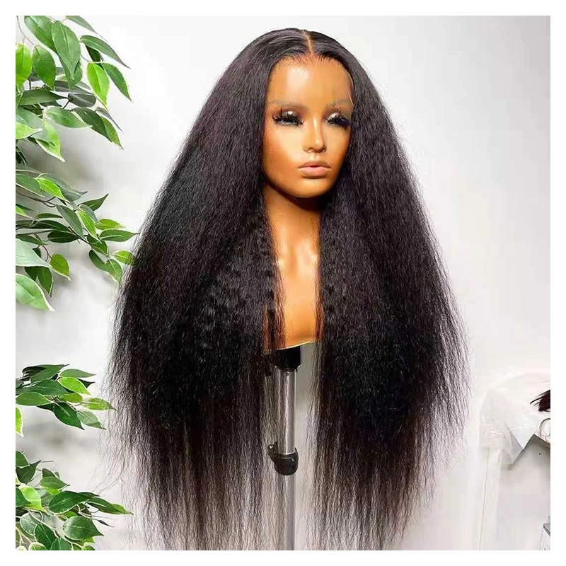 

Kinky Straight Wig Glueless Brazilian Yaki Straight Lace Front Human Hair Wig For Black Women Pre Plucked Bleached Knot Remy Wig, Nature color black