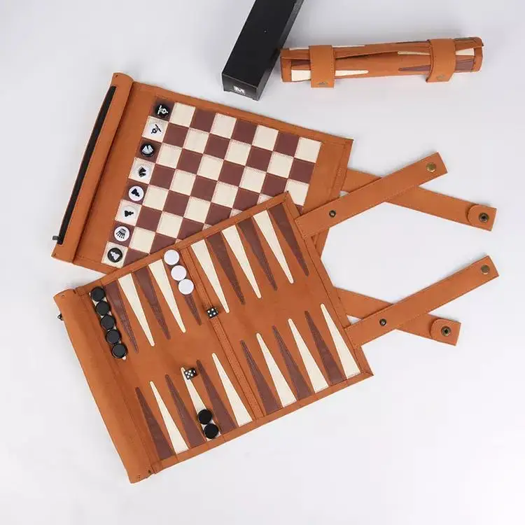 

Hot Sale Portable Travel Microfiber Leather Custom Backgammon Set Backgammon Board Games Chess Roll Up Backgammon