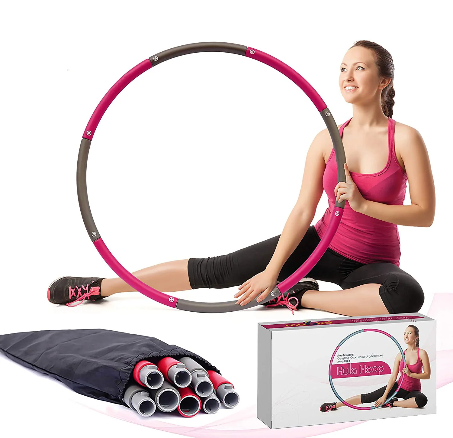 

Exercise Fitness Weight Hoop 8 Section Detachable Exercise Hula Hoops, Portable Soft Adjustable Sport Weighted Hoop for Women, Pink+grey