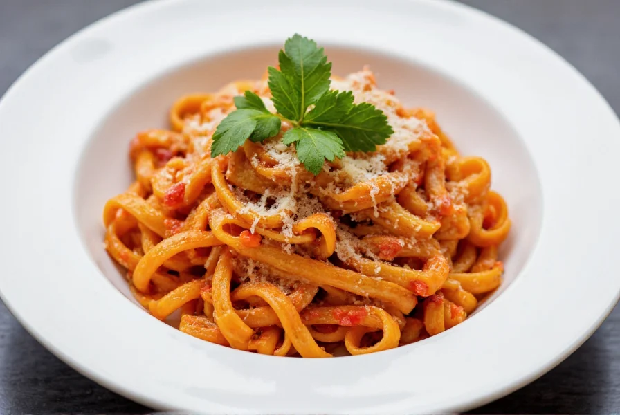 Finished pepper pasta dish in white bowl with fresh parsley garnish and grated Parmesan