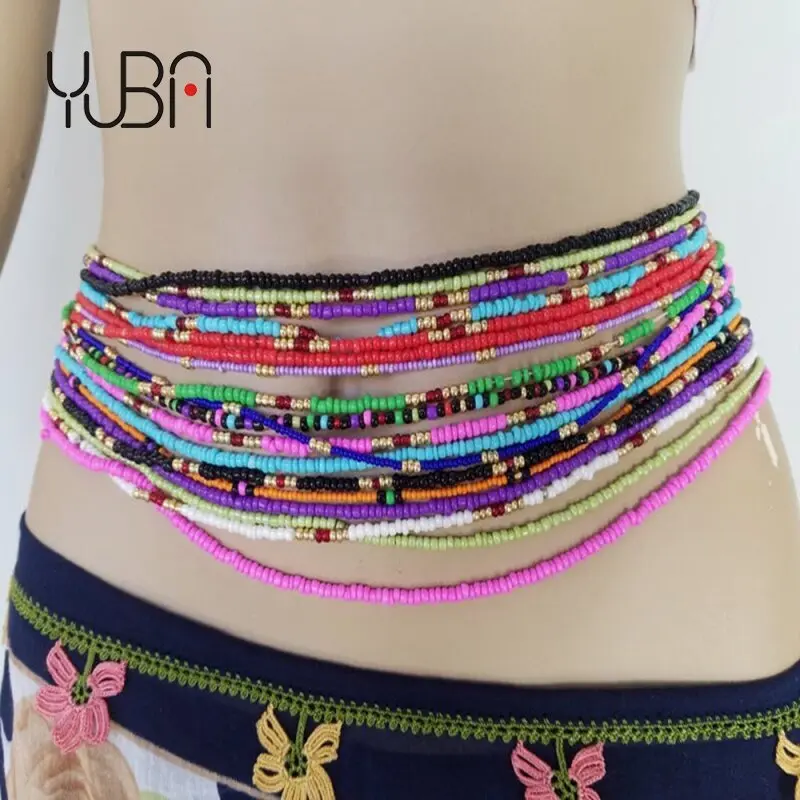 

wholesale glass seed beads beaded body chain Africa jewelry 2pcs a set belly gold waist beads for women weight loss