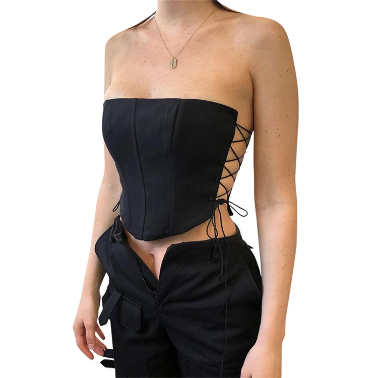 

Wholesale Solid Color Draw Cord Chest Wrap Backless Bandage Woman Clothes 2021 Trending Sexy Fashion Crop Top D98016