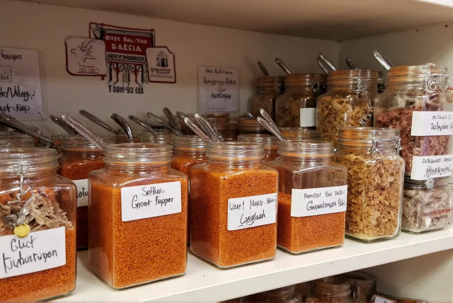 Proper storage of ghost pepper flakes in labeled glass jars with measuring spoons and gloves