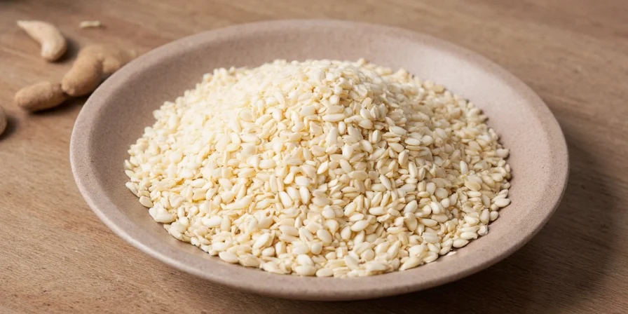 White sesame seeds on scale with nutrition facts nearby