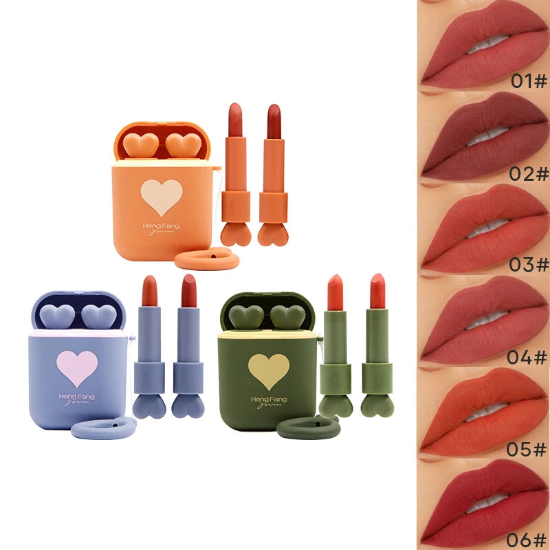 

Airpod Lovely wireless earphone design Cute girl double lipstick fashion korean private label lipstick a special gift for girls, 3 colors