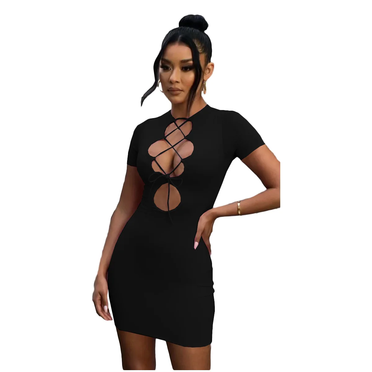 

DS-027 Hot Sell bandage pure color fitting cotton mini women long bodycon cut out mesh dress