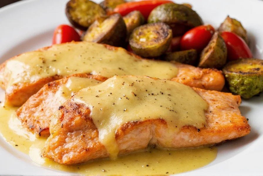 Lemon pepper sauce drizzled over grilled salmon and roasted vegetables on a white plate