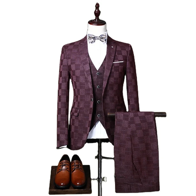 

Hot sale Fashion Men Slim Fit Suits Single Breasted Plaids Check Designer suits set for men