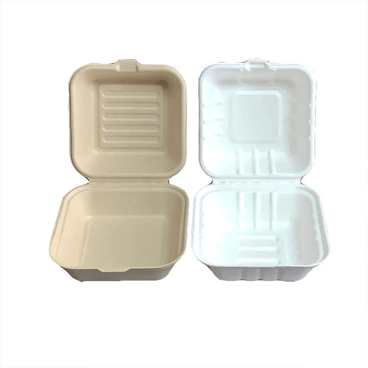 

6 inch Biodegradable combo disposable sugarcane bagasse lunch burger box packaging, White/ paper color