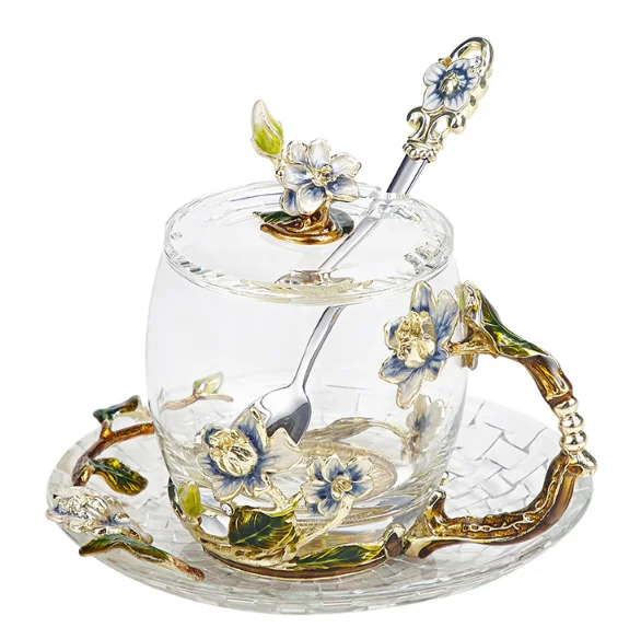 

gift box water heat resistant embossed Jasmine luxury enamel crystal Jasmine Flower glass shot tea cup set with metal handle, Transparent beer glass