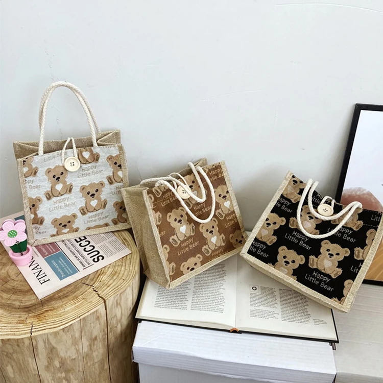 

Wholesale Lunch Bag Ladies Cute Bear Print Custom Lunch Bag Button Handbags For Women