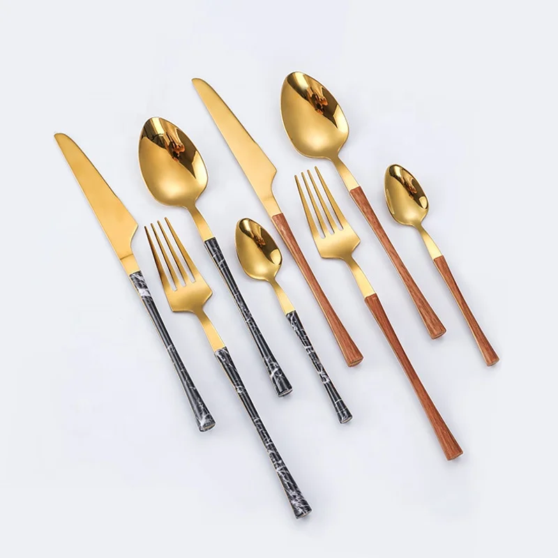 

High Quality Wooden Handle Slim Waist Stainless Steel Two Tone Gold Plated Cutlery Set 2021 Elegant Wedding Table Flatware Set, Black,wood