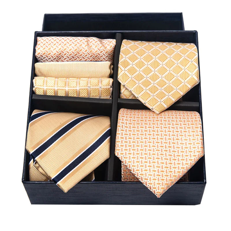 

Gold Men Tie Striped Neck Tie Pocket Square Gift Box Set Luxury Neckties Business Handkerchief Suits Male Slim Cravat Wedding