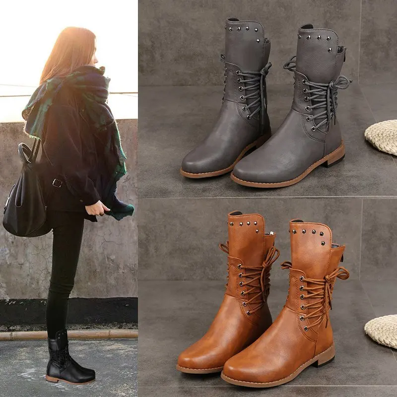 

Western Lace Up Big Size Mid Calf Women Martin Boots Ladies Military Combat Boots With Rivet