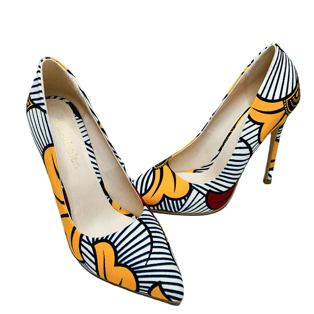 

Cheap Price Fashionable Maple Leaf Wax Print Women Stiletto High Heels Shoes Sexy Shoes, Customized
