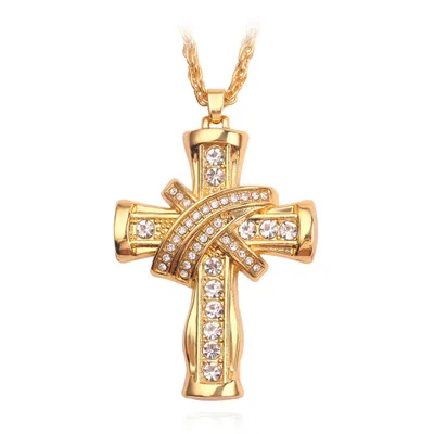 

Unisex Hip Hop Gold Plated Long Chain Cross KING QUEEN with Diamonds Necklace