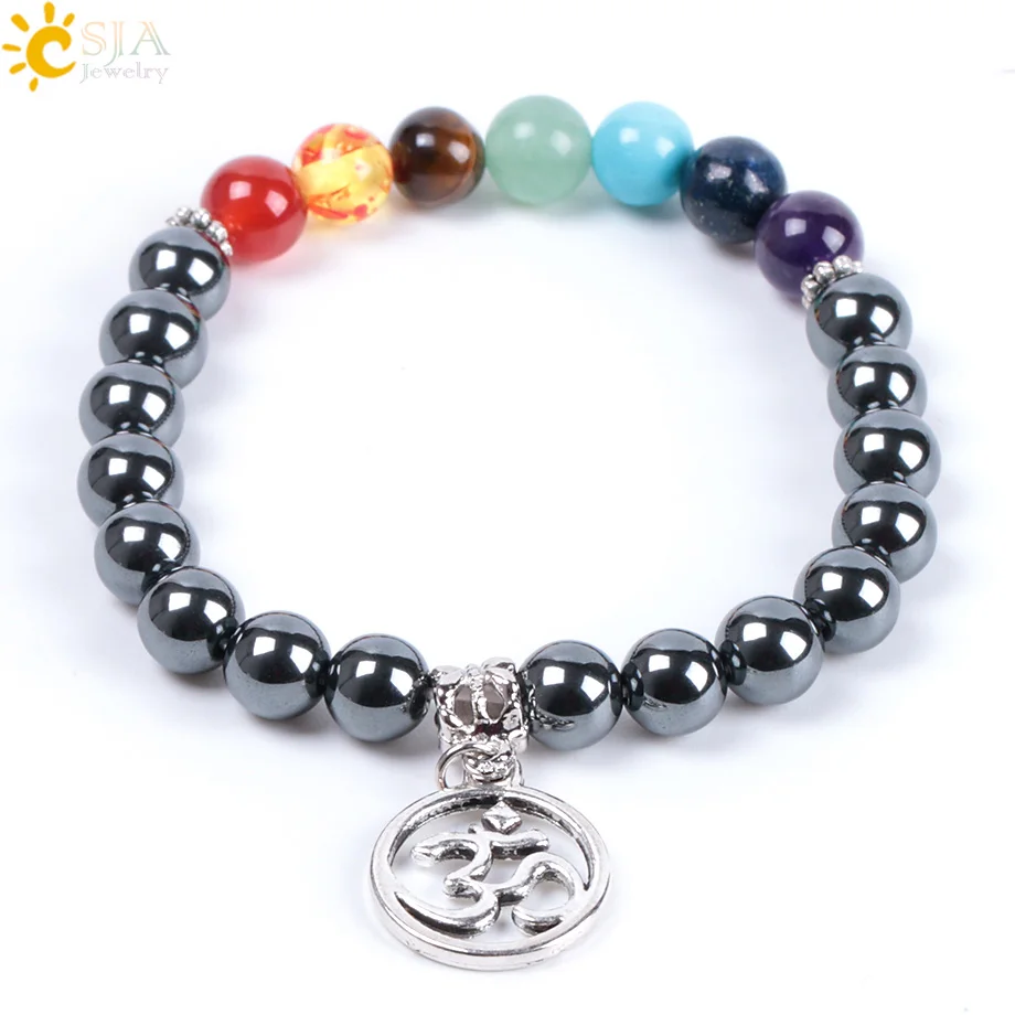 

CSJA fashion hematite 7 chakra bracelet natural stone buddha charms rosary prayer stretch bracelet for friendship E997
