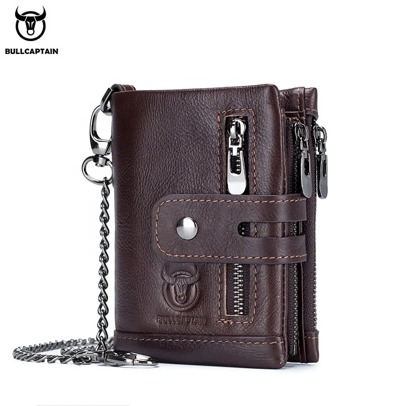 

BULLCAPTAIN hot sale vintage leather double zipper side coin pocket bi-fold RFID men's chain leather wallet coin purse